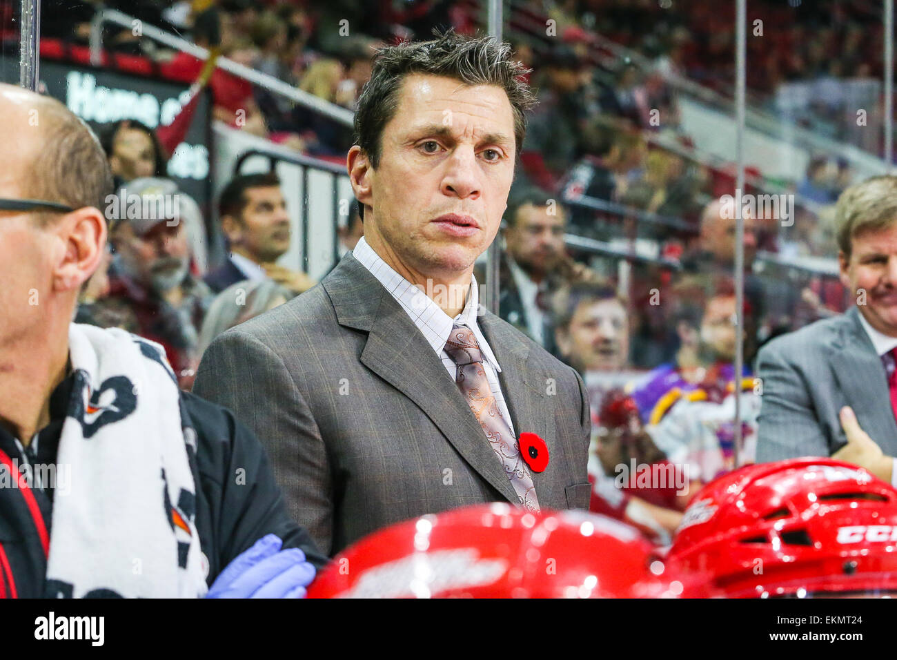 Carolina Hurricanes assistant head coach Rod Brind'Amour during the NHL game between the Calgary Flames and the Carolina Hurricanes at the PNC Arena. The Carolina Hurricanes defeated the Calgary Flames 4-1 Stock Carolina Hurricanes assistant head coach Rod Brind'Amour during the NHL game between the Calgary Flames and the Carolina Hurricanes at the PNC Arena. The Carolina Hurricanes defeated the Calgary Flames 4-1 Stock