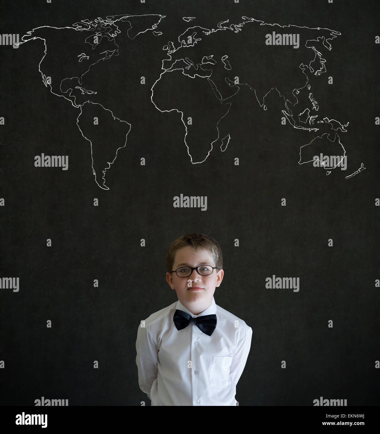 Thinking boy business man with chalk geography world map Stock Photo