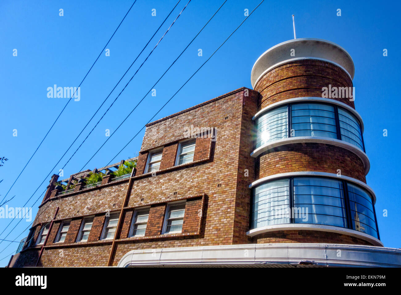 The tower-like building with almost cylindrical windows is particularly striking! Art deco architecture, Sydney, Australia. Australian; round circular Stock Photo