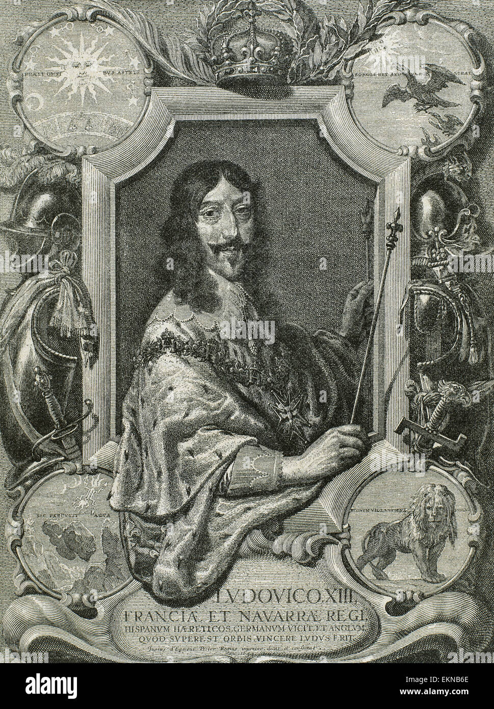 Louis XIII of France (1601-1643). Monarch of the House of Bourbon. King of France and Navarre (Louis II) from 1610-1620.  Portrait. Engraving. Stock Photo