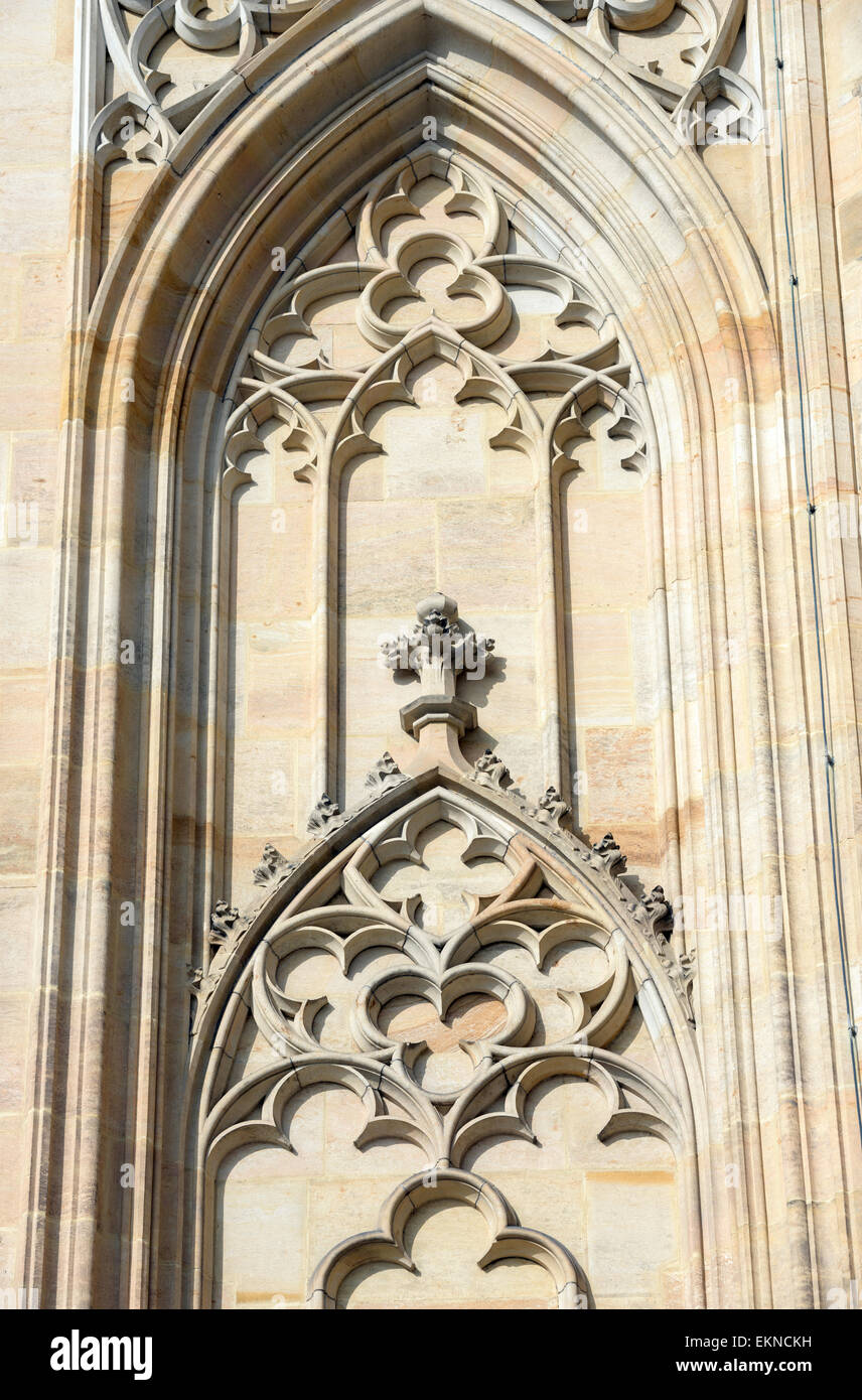 Stone tracery in decorative lancet pointed arch of lower tier of south tower, St. Vitus Cathedral, Prague, Czech Republic. Stock Photo