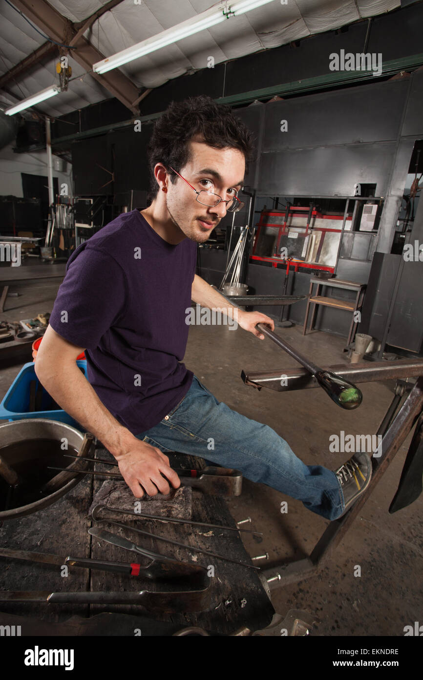 Glass Worker at Workbench Stock Photo Alamy