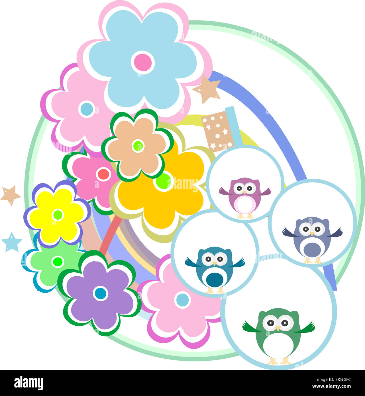 birthday party card with cute birds, owl family and flowers Stock Photo ...