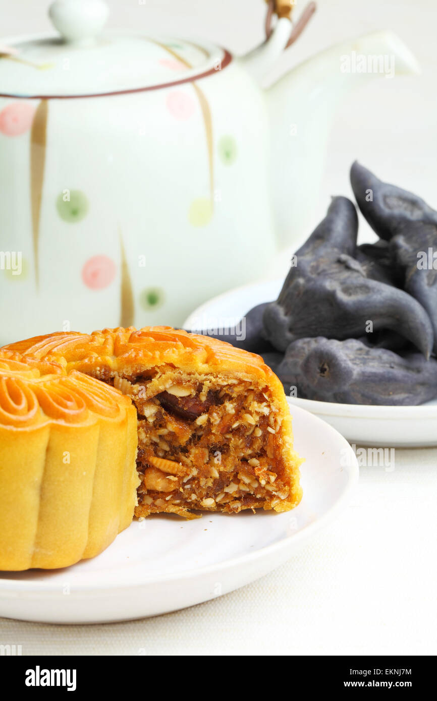 Moon cake with tea and water caltrop Stock Photo