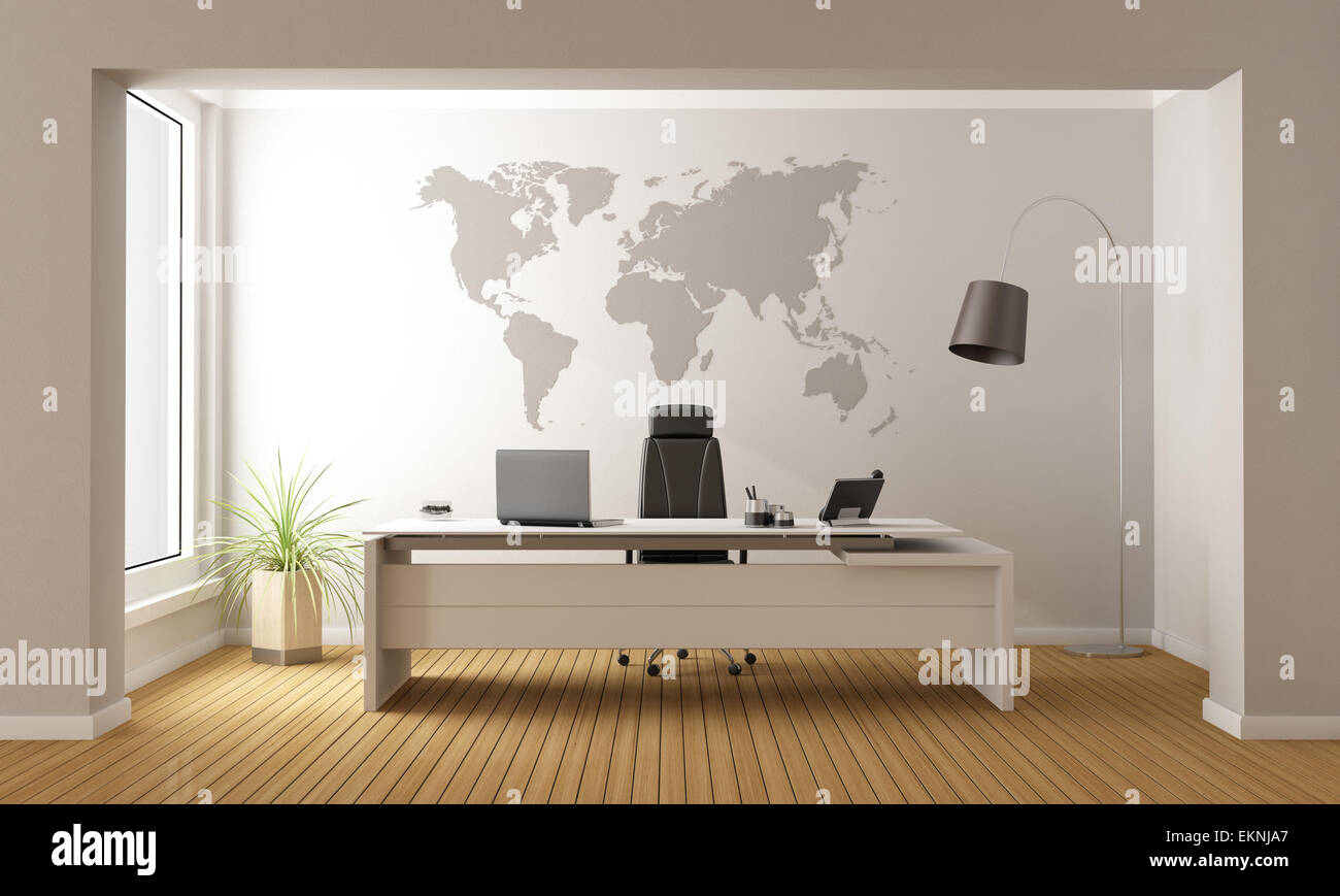 Minimalist office with desk and world map on wall - 3D Rendering Stock