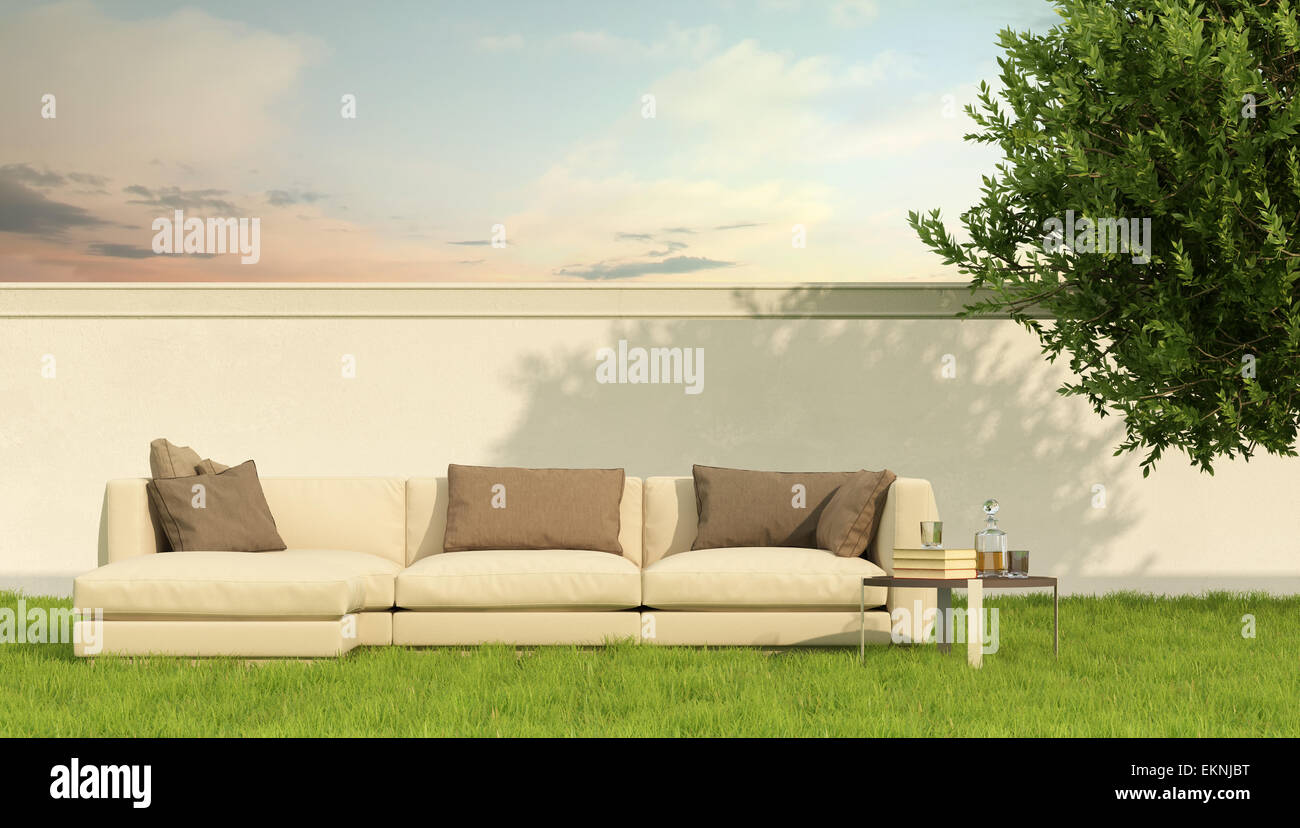 Garden with elegant sofa on grass 3D Rendering Stock Photo Alamy