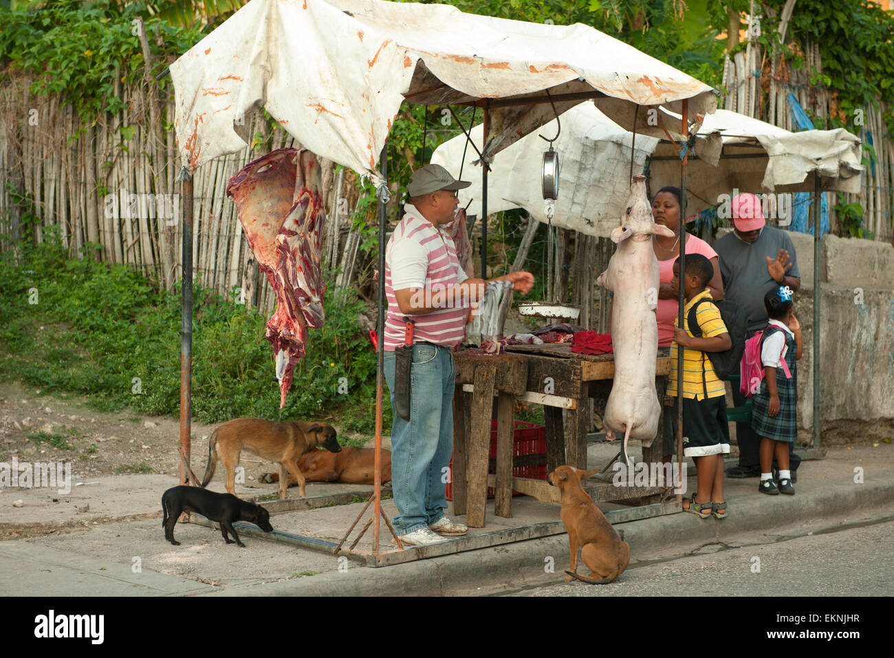 Dominikanische Republik, Südwesten, Halbinsel Baoruco, Fleischverkäufer im Dorf El Paraiso Stock Photo