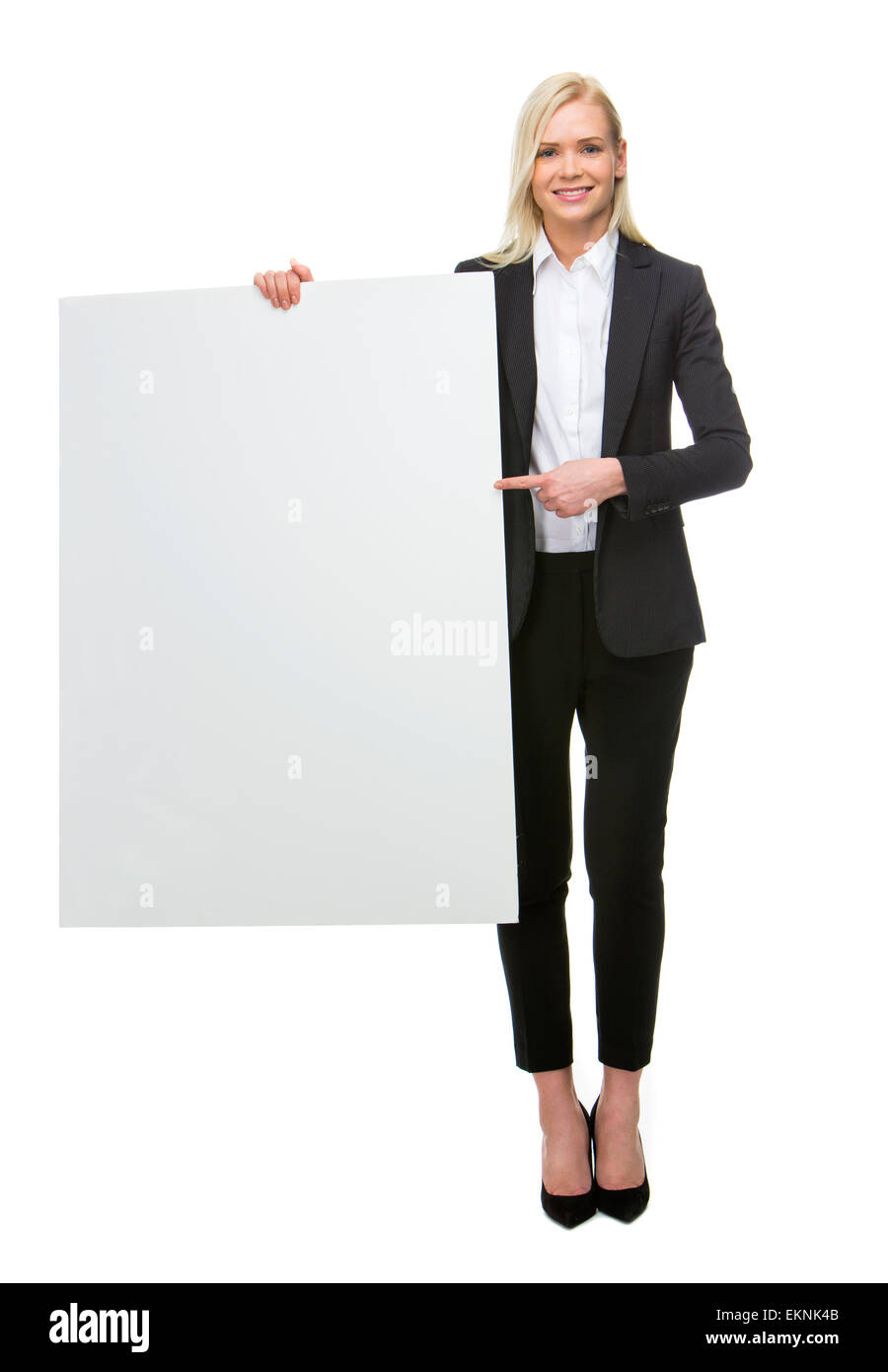 blonde smiling businesswoman with white placard Stock Photo