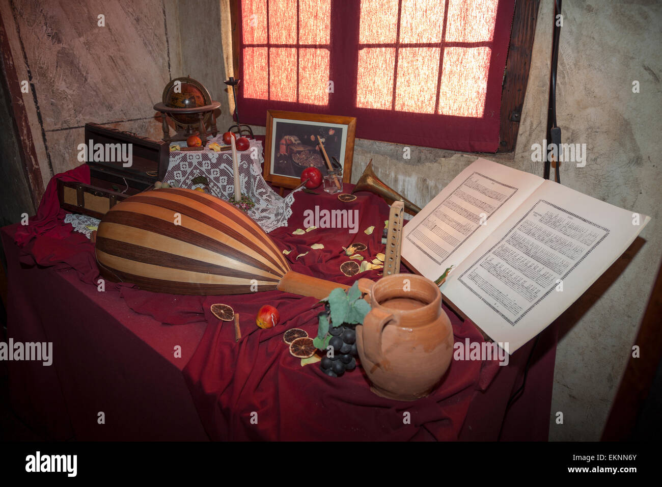 Collection of ancient musical instruments at Gorizia Castle Stock Photo