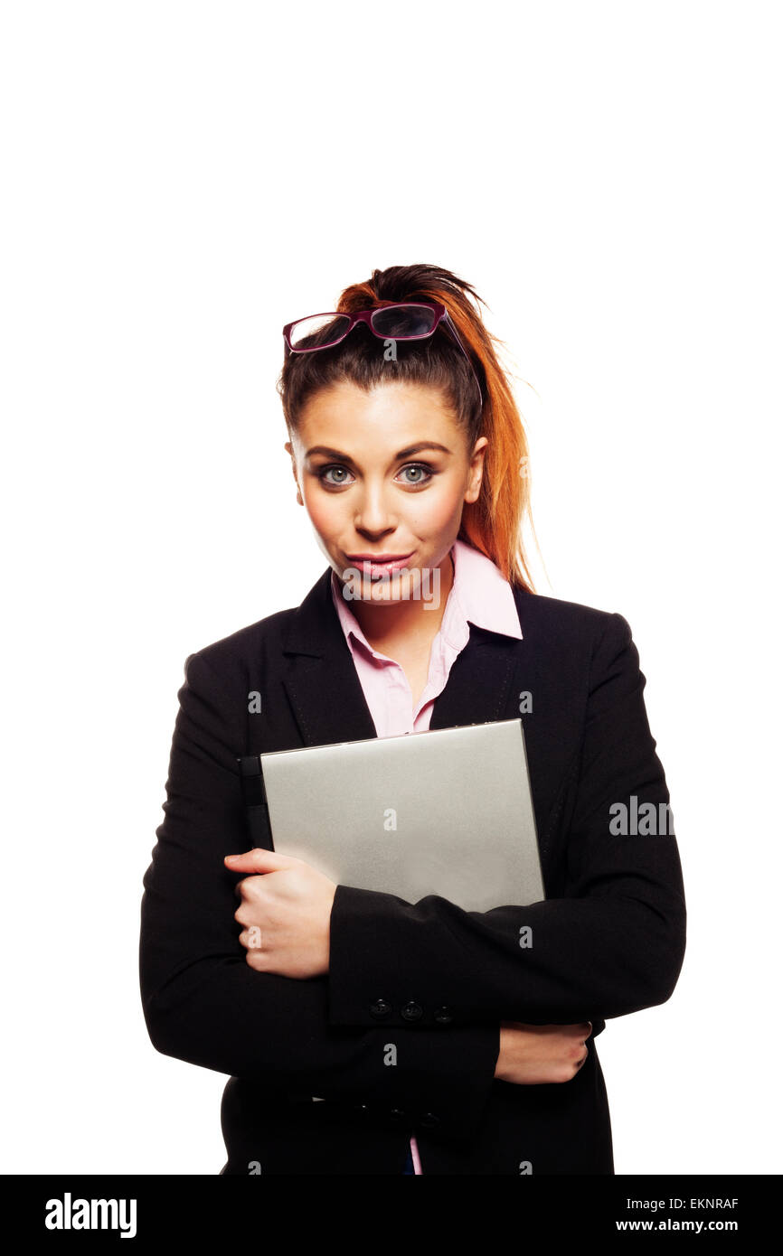 Woman holding laptop to chest hires stock photography and images Alamy