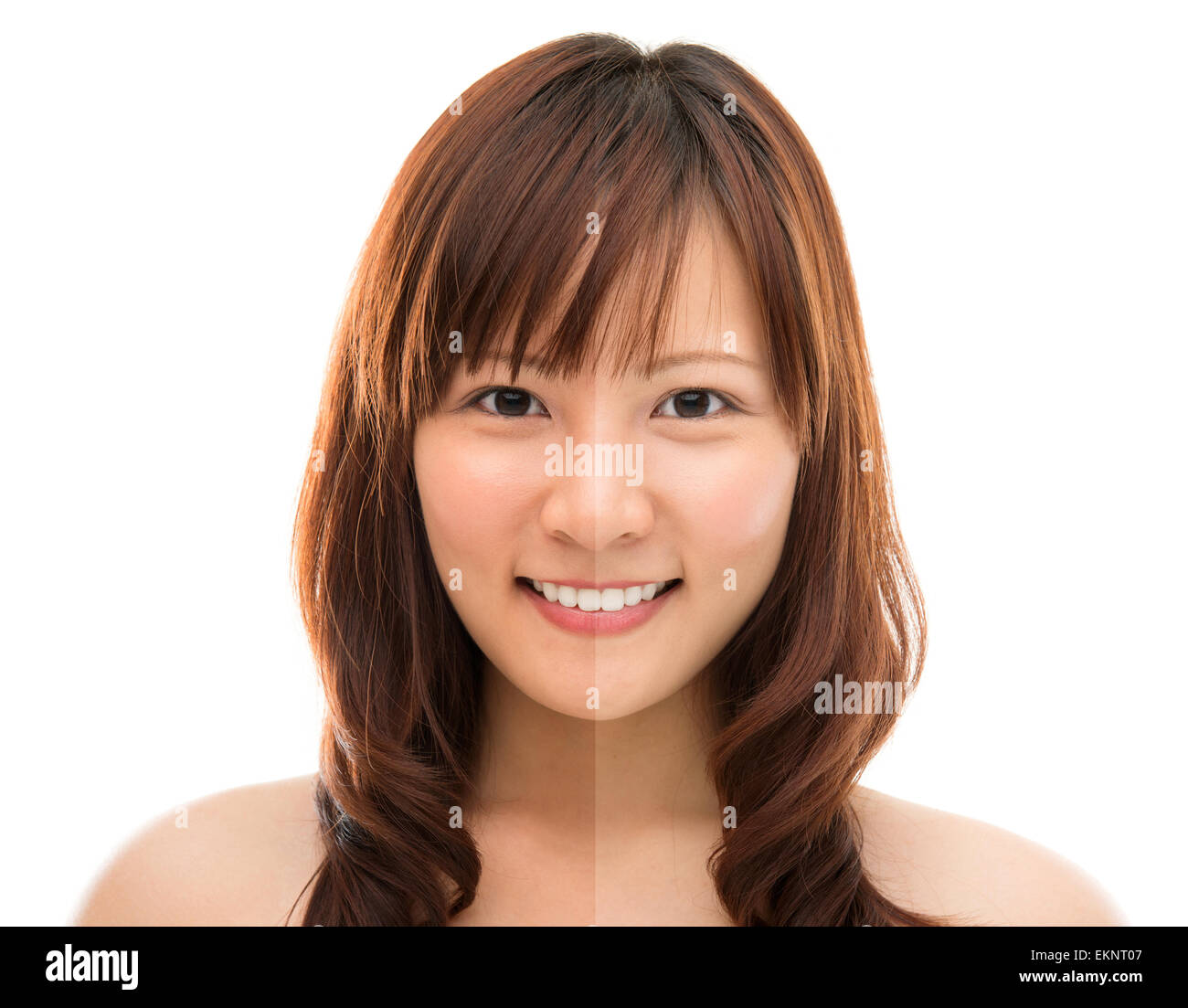 Asian woman face with half tan skin Stock Photo Alamy