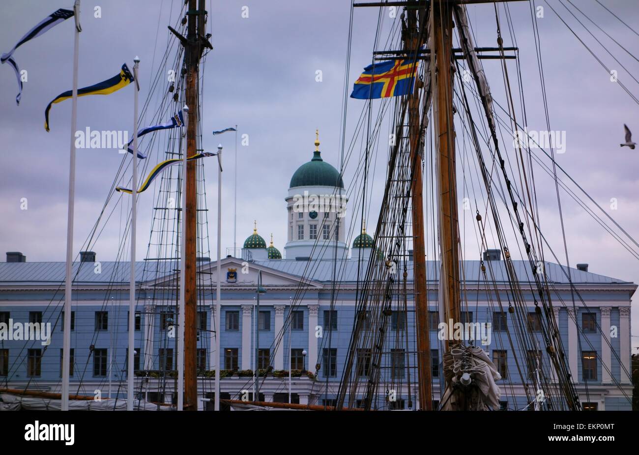 Helsinki cathedral and city hall behind masts Stock Photo