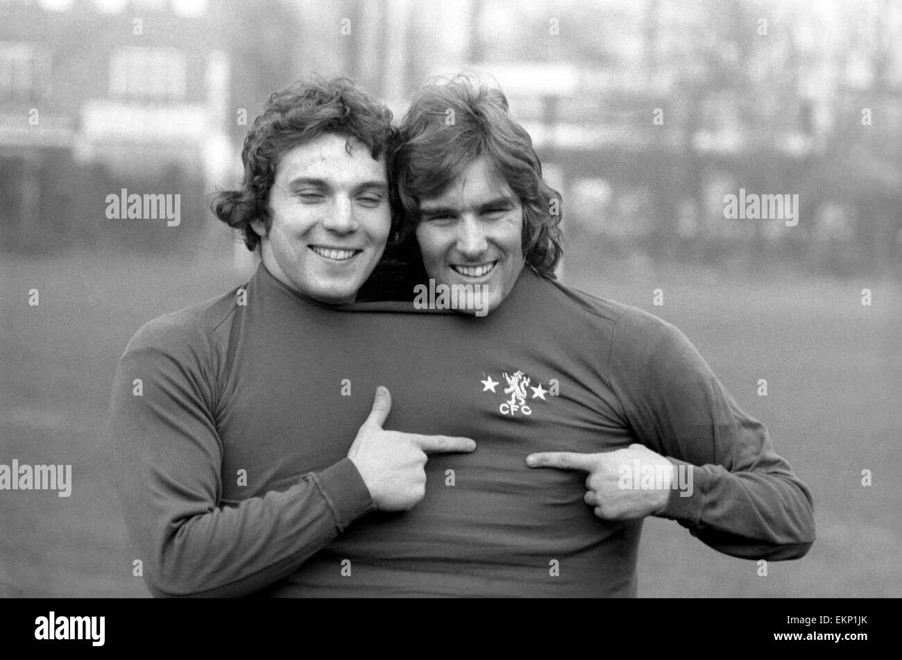 Steve Finnieston (20) striker and John Sparrow (17) defender members of the Chelsea Squad, pictured both wearing the same shirt during training at the Chelsea ground. February 1975 75-0715-001 Stock Photo
