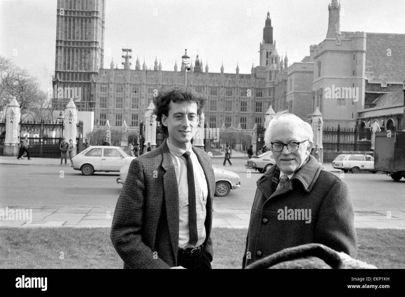 Michael Foot Labour Party leader seen here with Peter Tatchell the party's candidate in the Bermondsey by-election. Foot had earlier denounced Tatchell in 1981 for supporting extra-parliamentary action against the Thatcher government; February 1983 Stock Photo