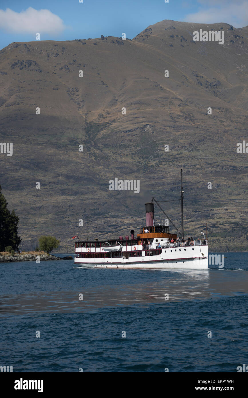 Passenger ship, Earnslaw on Lake Wakatipu, Queenstown, south island, New Zealand. Stock Photo