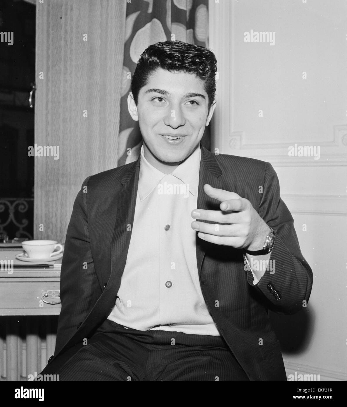 Canadian singer songwriter Paul Anka pictured in his suite at the Savoy Hotel in London during his visit to Britain. 20th January 1959. Stock Photo