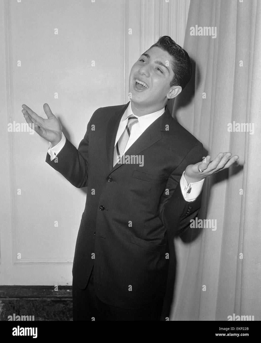 Sixteen year old Canadian singer songwriter Paul Anka pictured on his arrival in Britain. 8th December 1957. Stock Photo