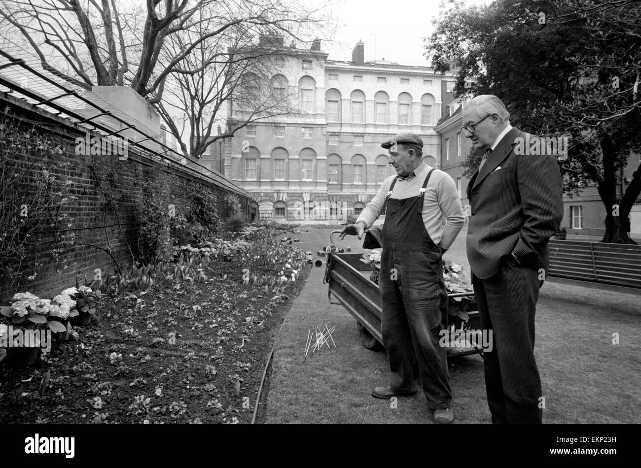 British Prime Minister James Callaghan seen here in the garden of No. 10 Downing Street the Prime Minister talks to the gardener Mr. Len Hobbs. April 1978 78-1666-004 Stock Photo
