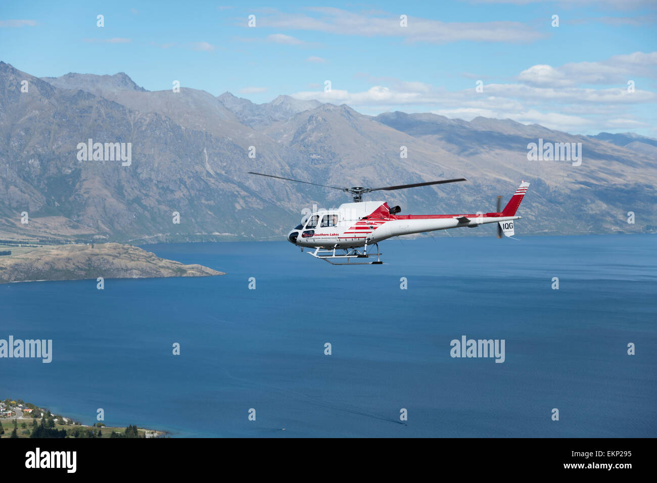 Helicopter flight over Lake Wakatipu, Queenstown, south island, New Zealand. Stock Photo