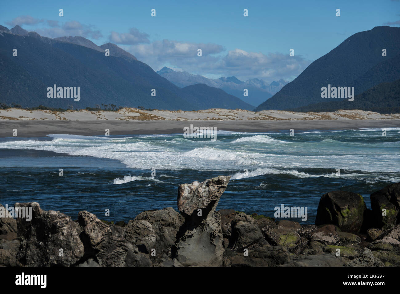 Hollyford Track landscape, Martin's Bay, south island, New Zealand. Stock Photo