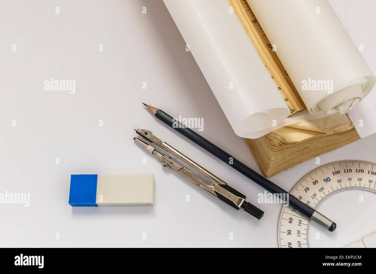 Ruler, compasses, eraser, protractor, pencil and tracing paper roll