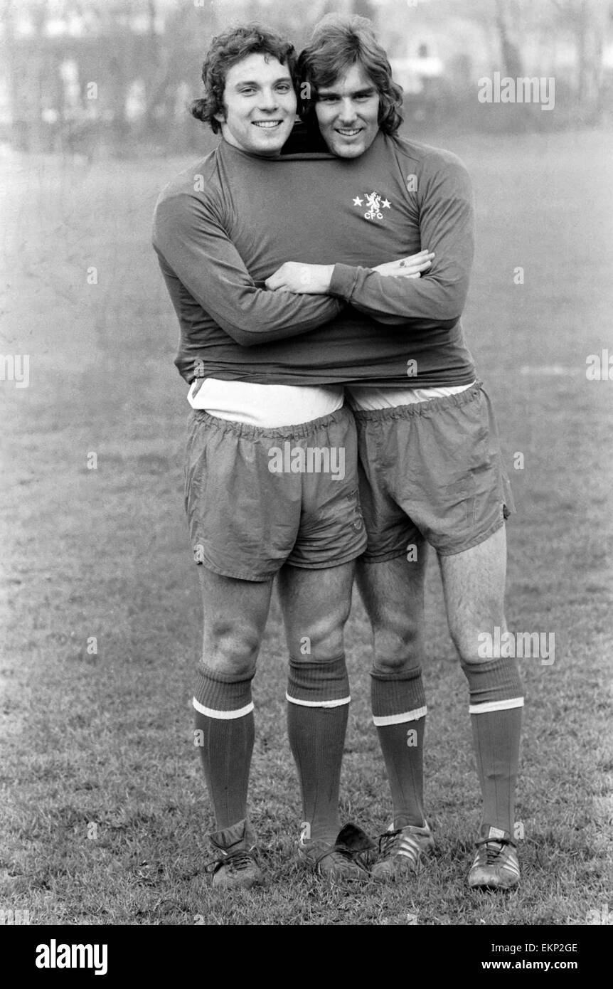 Steve Finnieston (20) striker and John Sparrow (17) defender members of the Chelsea Squad, pictured both wearing the same shirt during training at the Chelsea ground. February 1975 75-0715-001 Stock Photo