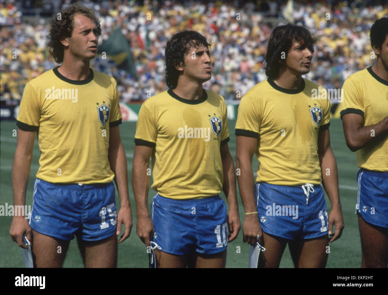 1982 World Cup Second Round Group C match in Barcelona, Spain. Italy 3 v Brazil 2. Brazilians Falcao, Zico and Eder line up befoer the match. 5th July 1982. Stock Photo