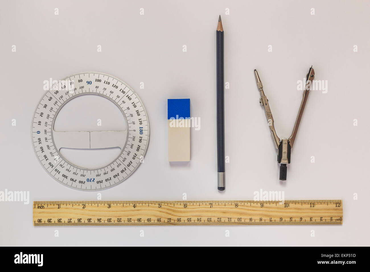 Ruler, compasses, eraser, protractor, pencil Stock Photo Alamy