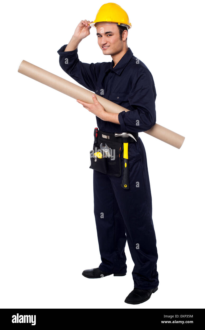 Construction worker holding building blueprint Stock Photo - Alamy