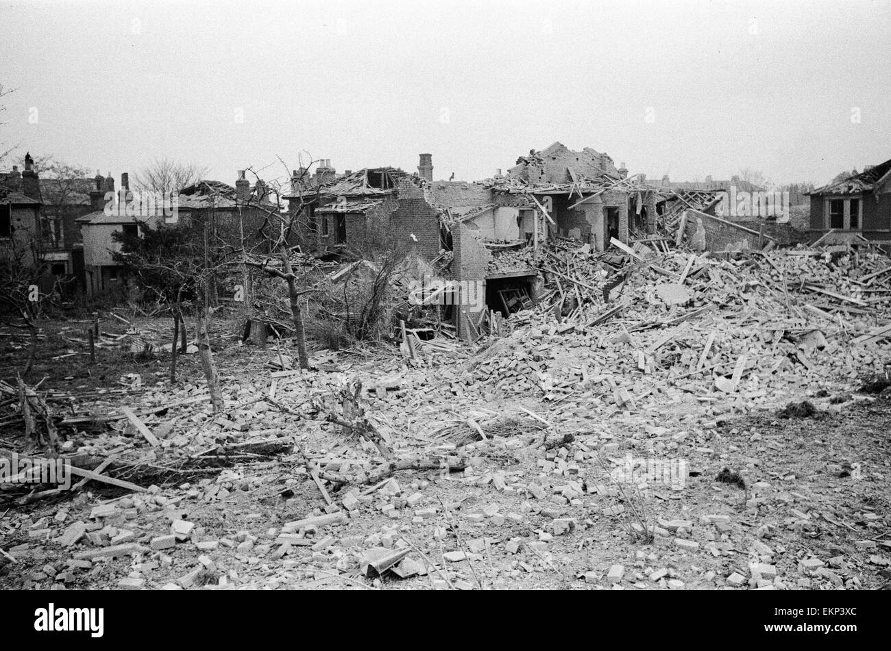 V2 Rocket incident near Herbert Road, Woolwich. OPS Flattened houses