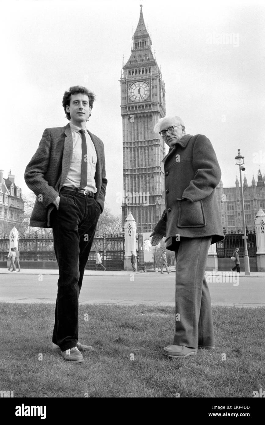 Michael Foot Labour Party leader seen here with Peter Tatchell the party's candidate in the Bermondsey by-election. Foot had earlier denounced Tatchell in 1981 for supporting extra-parliamentary action against the Thatcher government; February 1983 Stock Photo