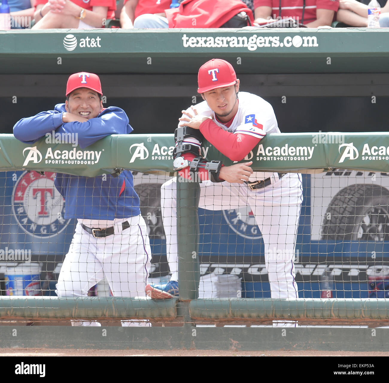 Arlington, Texas, USA. 10th Apr, 2015. (L-R) Kyuji Fujikawa, Yu Darvish Arlington, Texas, USA. 10th Apr, 2015. (L-R) Kyuji Fujikawa, Yu Darvish