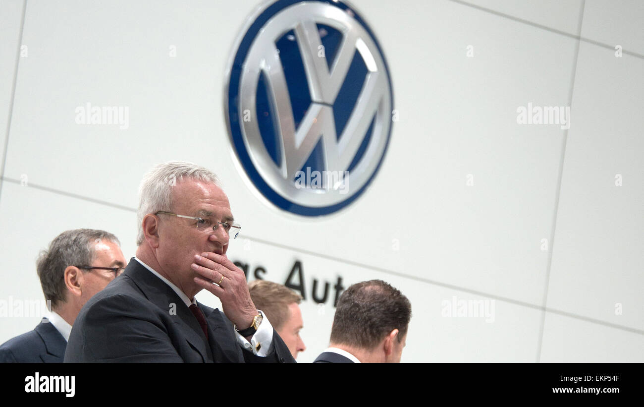 Hannover, Germany. 13th Apr, 2015. CEO of Volkswagen, Martin Winterkorn, stands in front of the VW logo at the stand of VW at the Hannover trade fair in Hannover, Germany, 13 April 2015. The industrial trade fair runs from 13 April until 17 April 2015. This year's partner country is India. Photo: JOCHEN LUEBKE/dpa/Alamy Live News Stock Photo