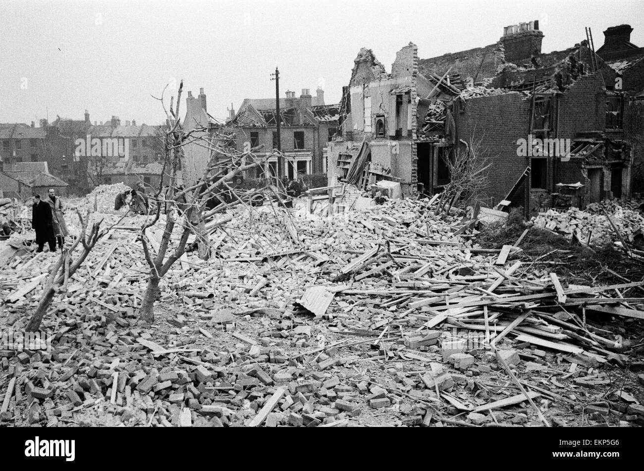 V2 Rocket incident near Herbert Road, Woolwich. OPS Flattened houses