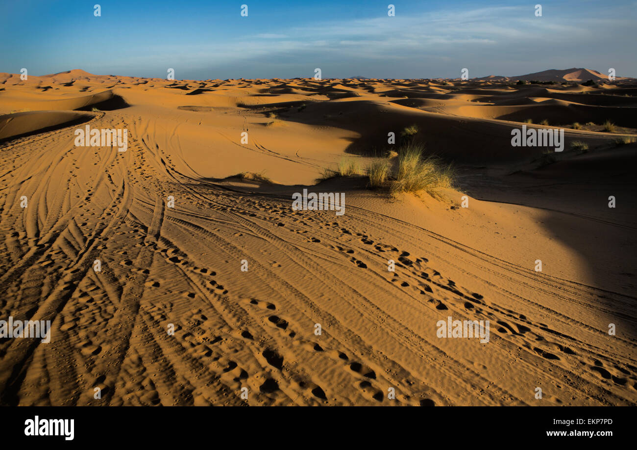 Several sand hill at Erg Chebbi in the Sahara desert.  Ers are large dunes formed by wind-blown sand. Morocco Stock Photo