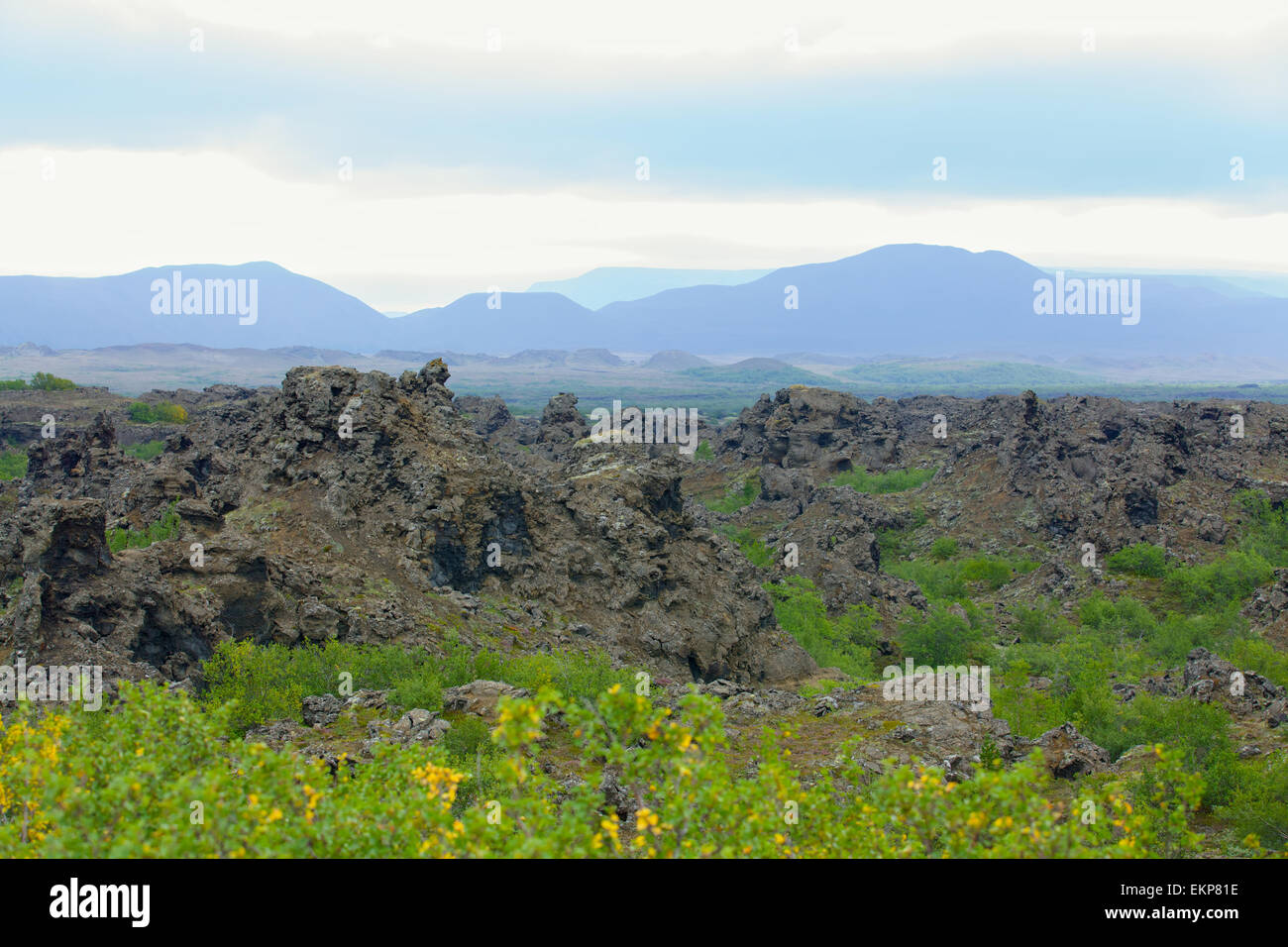 The Dimmuborgir area is composed of various volcanic caves and rock formations, Iceland. Stock Photo