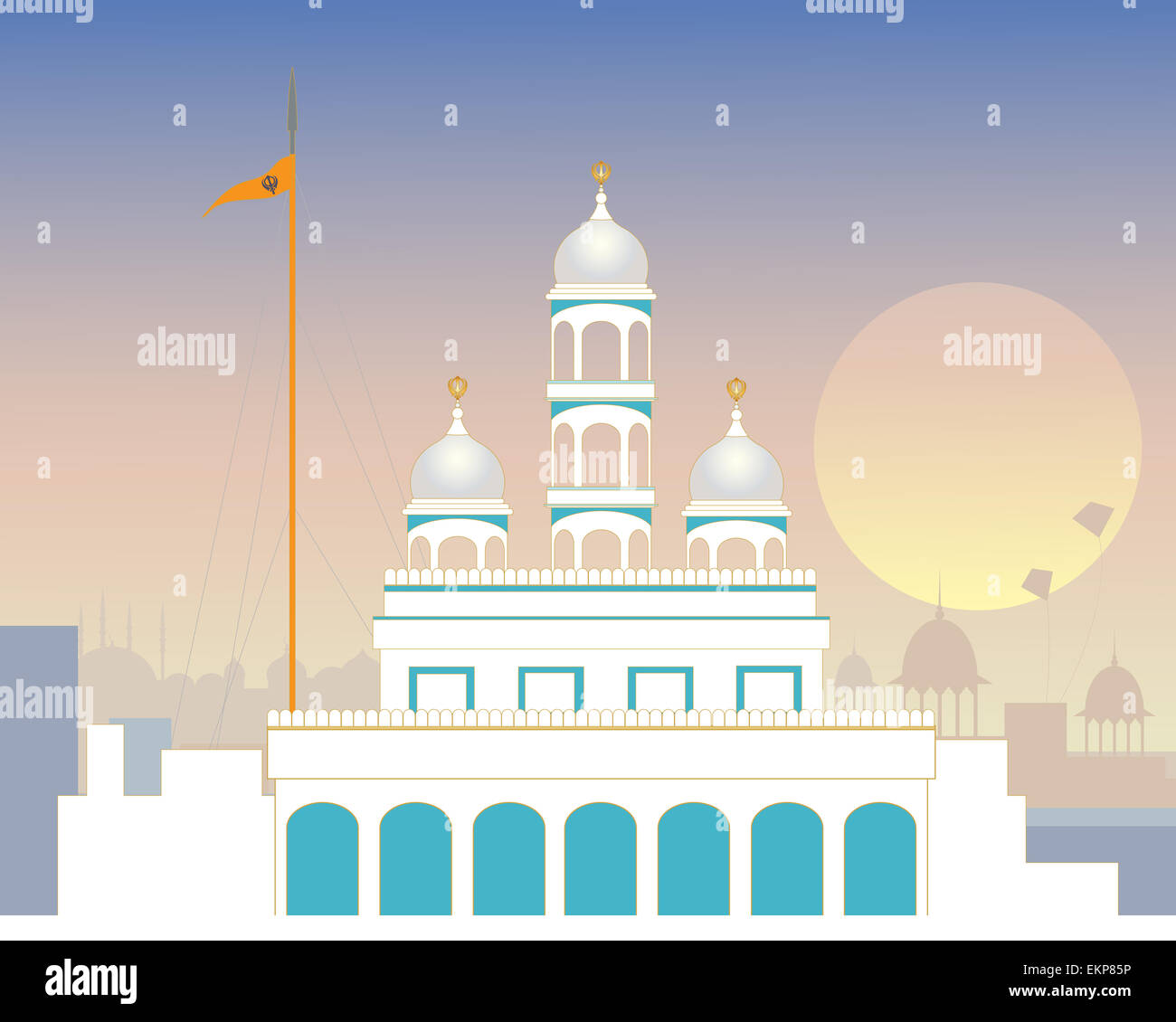 an illustration of a beautiful urban Sikh gurdwara in the evening with the Nishan Sahib flag in front of a Punjabi skyline Stock Photo