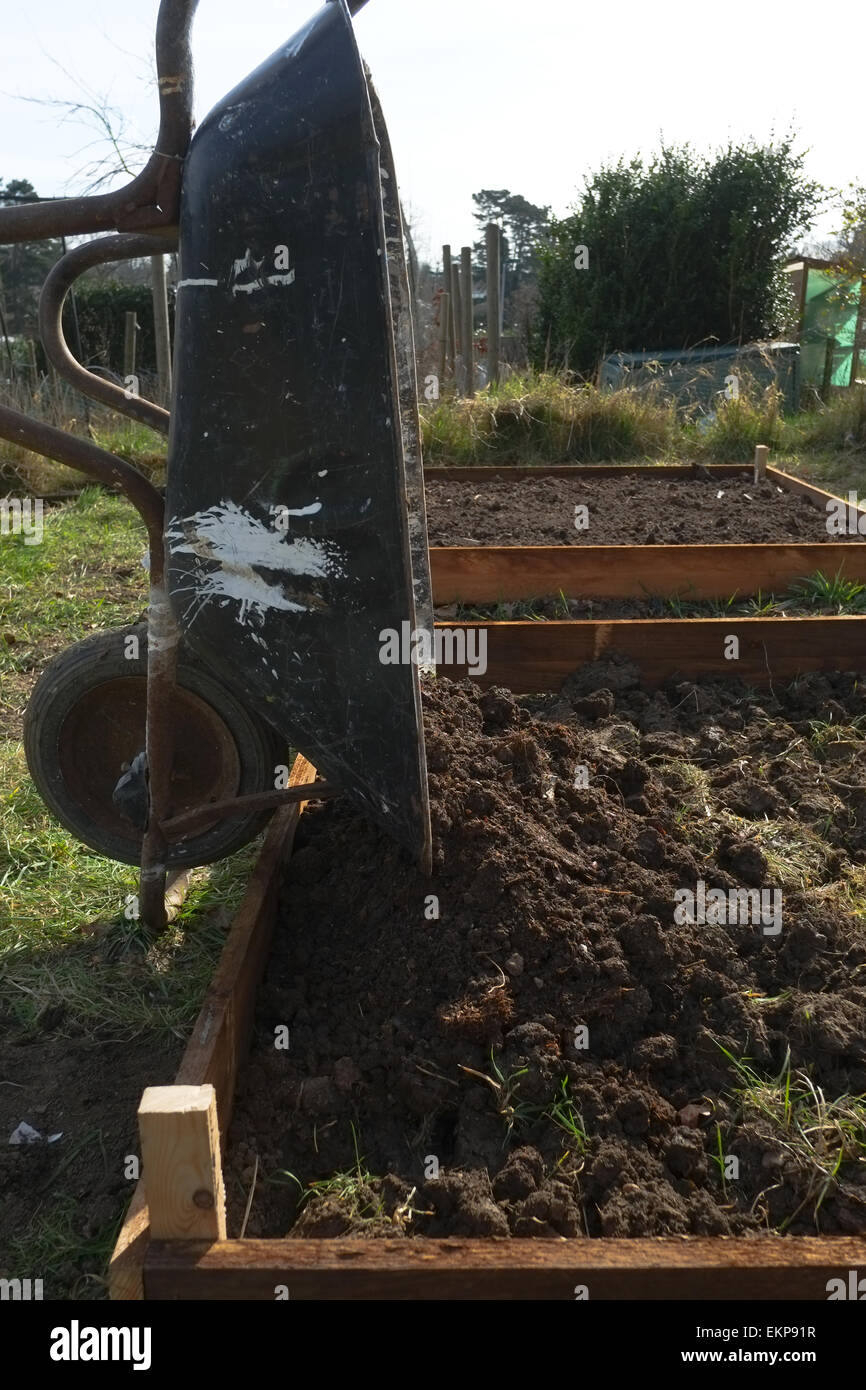 DIY raised beds, made from timber gravel boards, being constructed on