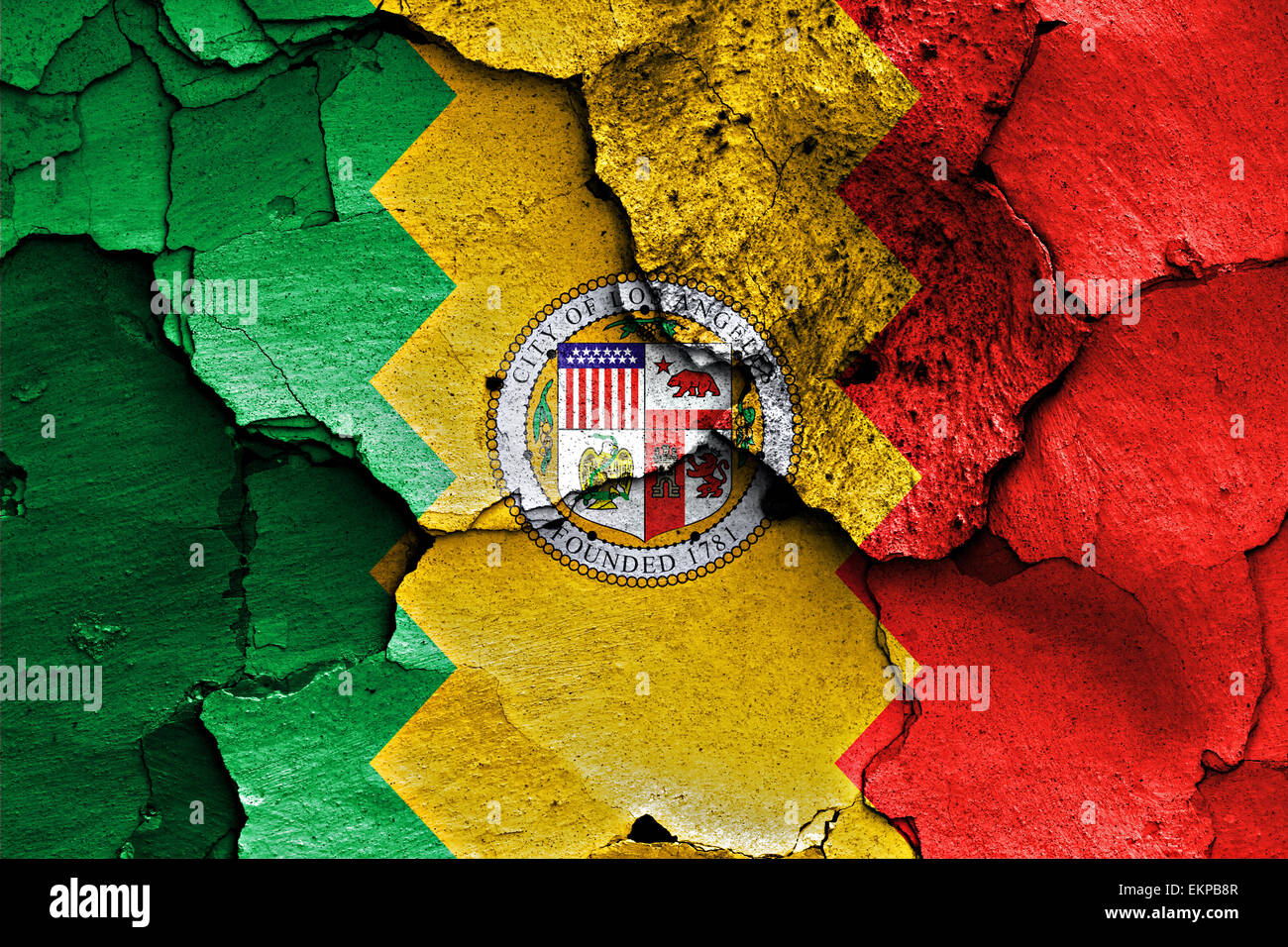 flag of Los Angeles painted on cracked wall Stock Photo