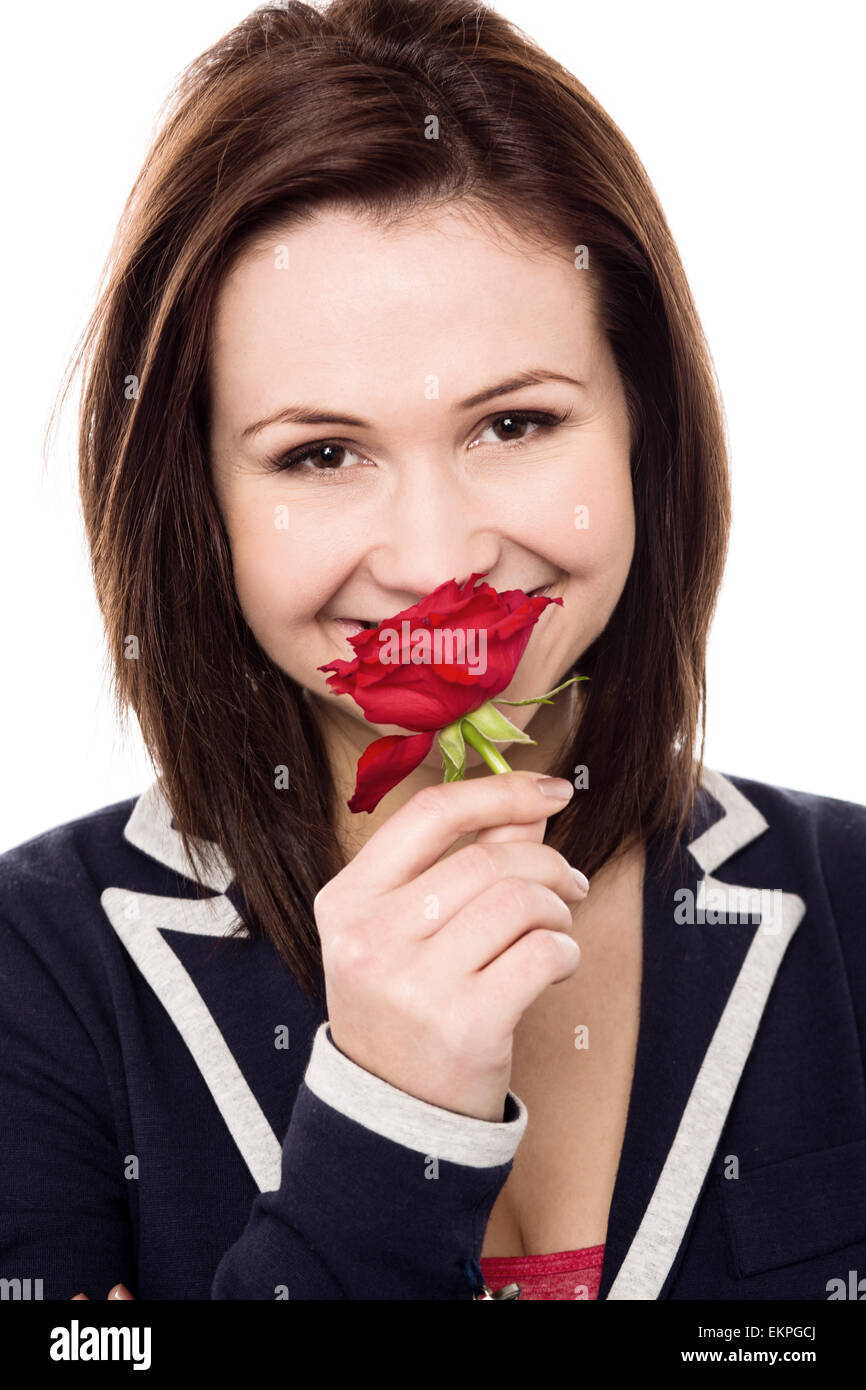 Lovely young girl with a beautiful red rose Stock Photo - Alamy