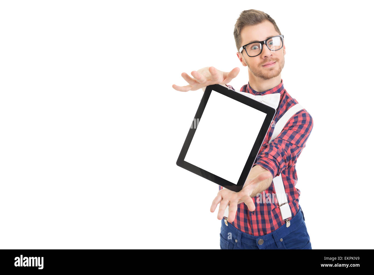 Happy nerd man wearing glasses showing tablet screen Stock Photo