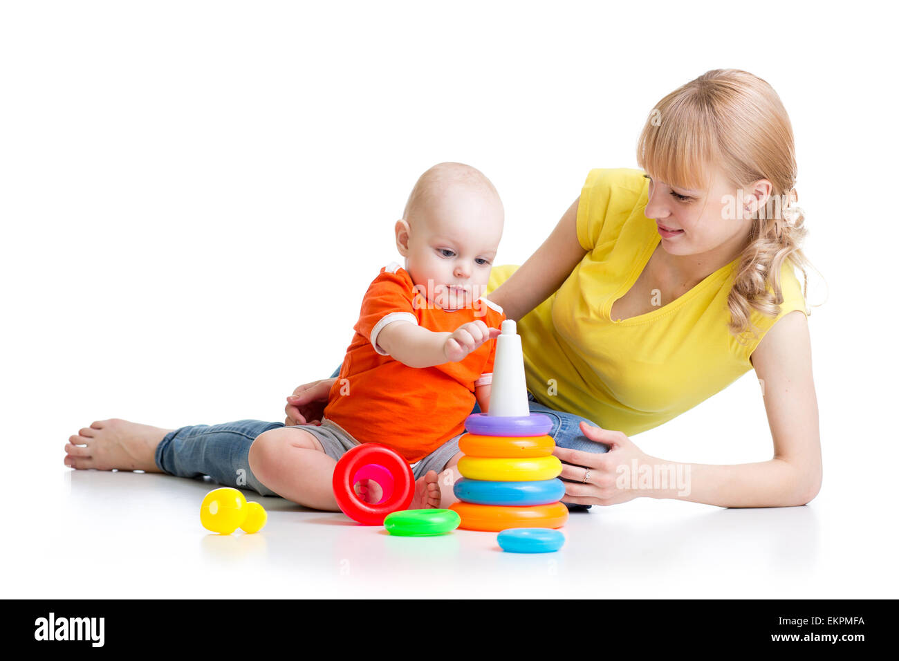 kid boy and mother play together with toy Stock Photo