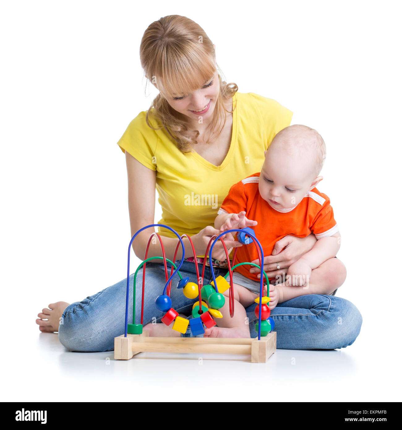 kid and mother play with educational toy Stock Photo