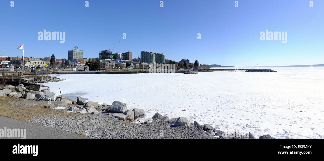 The view of Barrie and the frozen Lake Simcoe in Ontario, Canada. Stock Photo