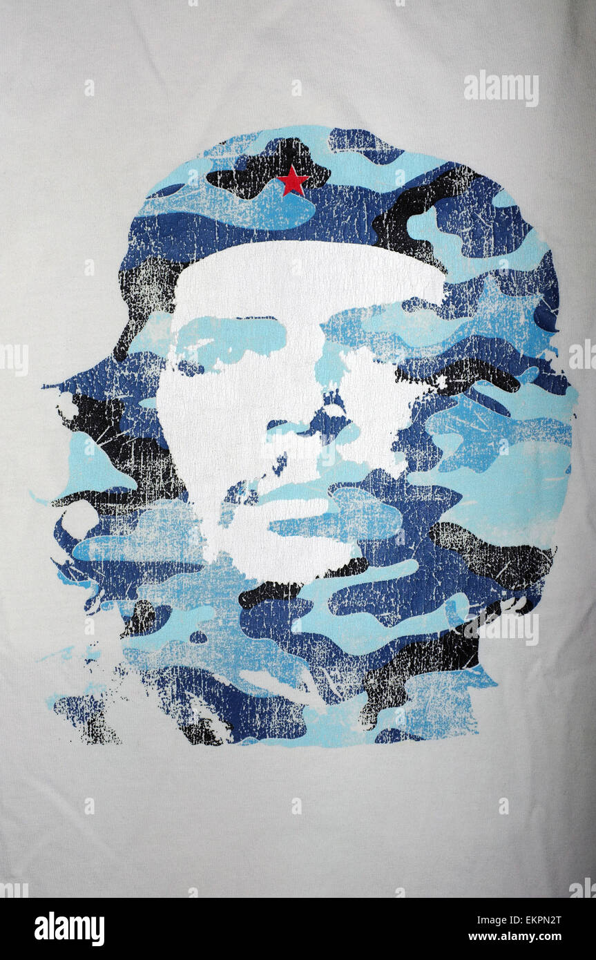 A blue camouflaged image of Che Guevara printed onto a white T-shirt. Stock Photo