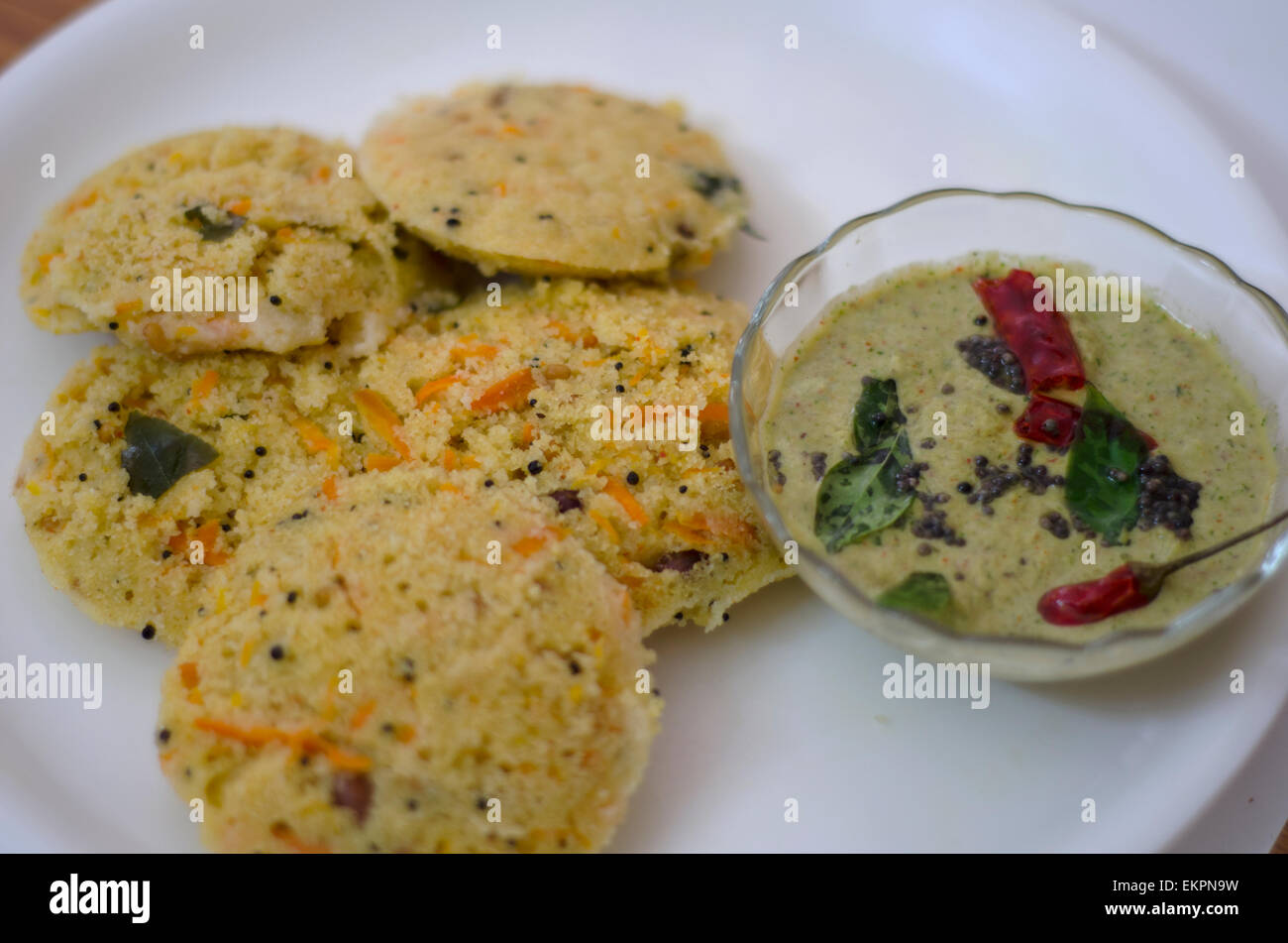 Traditional South Indian Idli with coconut chutney Stock Photo