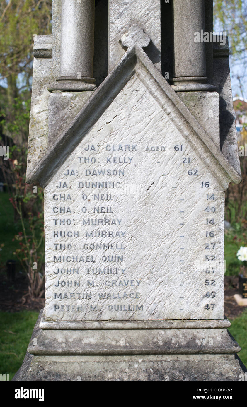 The names of miners killed in Usworth Colliery pit explosion  1885 on memorial in  Our Blessed Lady  churchyard, Washington, UK Stock Photo