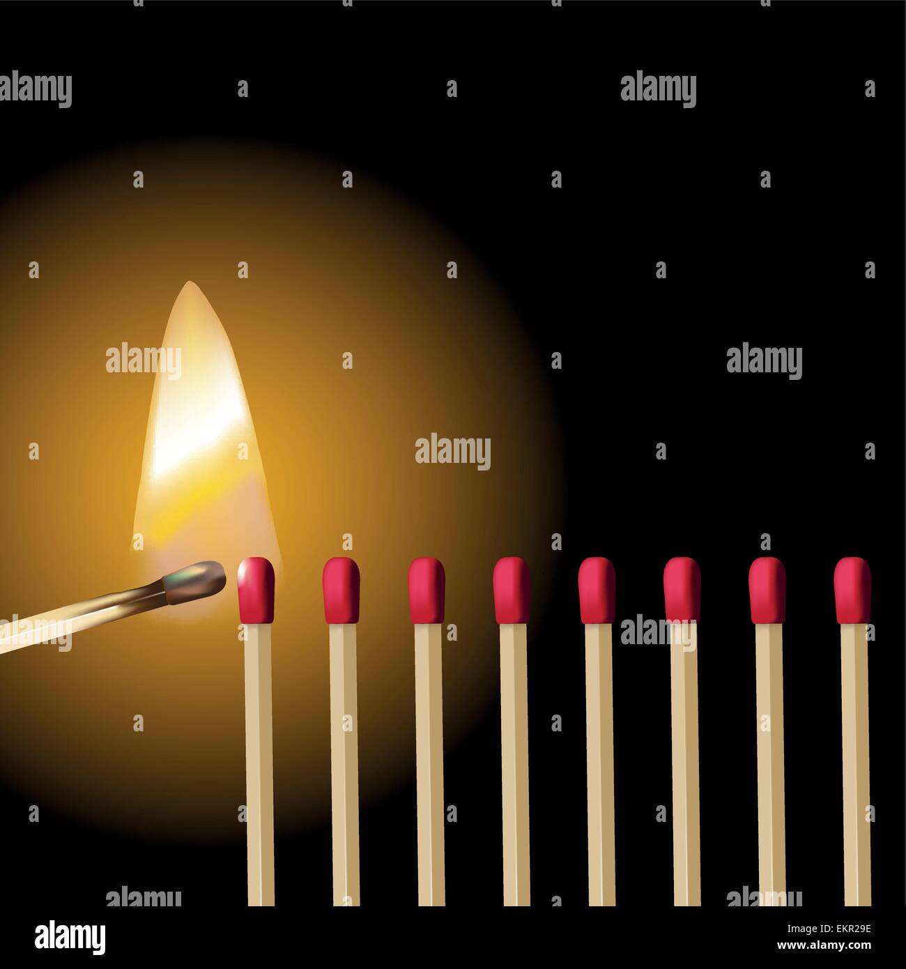 A line of red safety matches and burning match ignition. Vector illustration Stock Vector