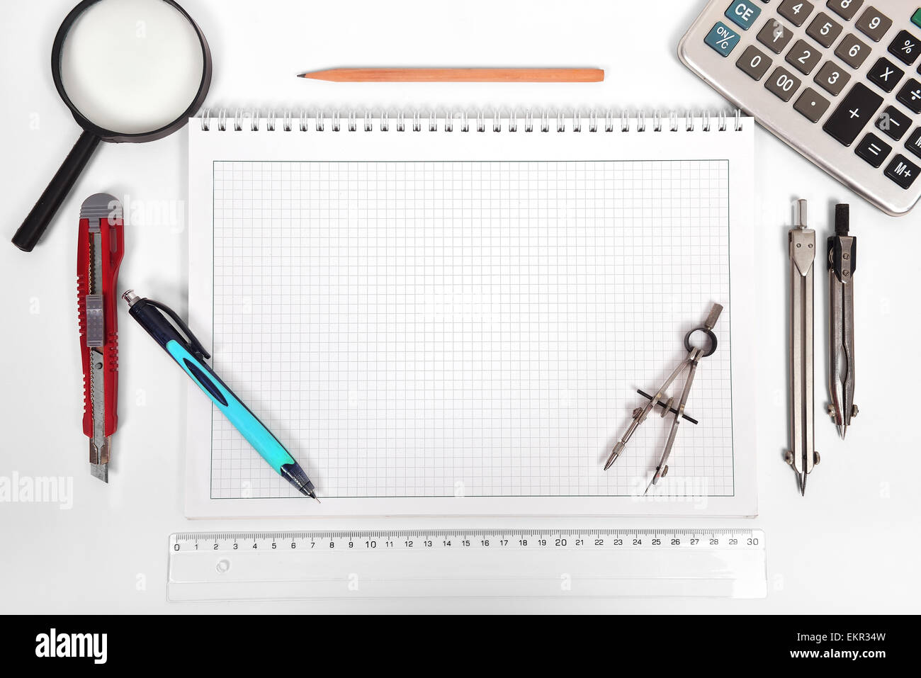 blank notepad and tools on desktop engineer Stock Photo Alamy