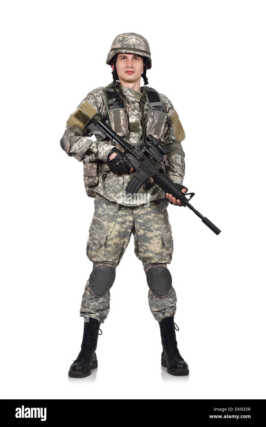 US soldier with his assault rifle on white background Stock Photo - Alamy